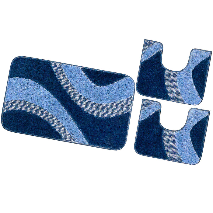 Tappeto Bagno Parure Set 3 Pezzi Made in Italy Antiscivolo Shaggy 3D Moderno Assorbente Blu