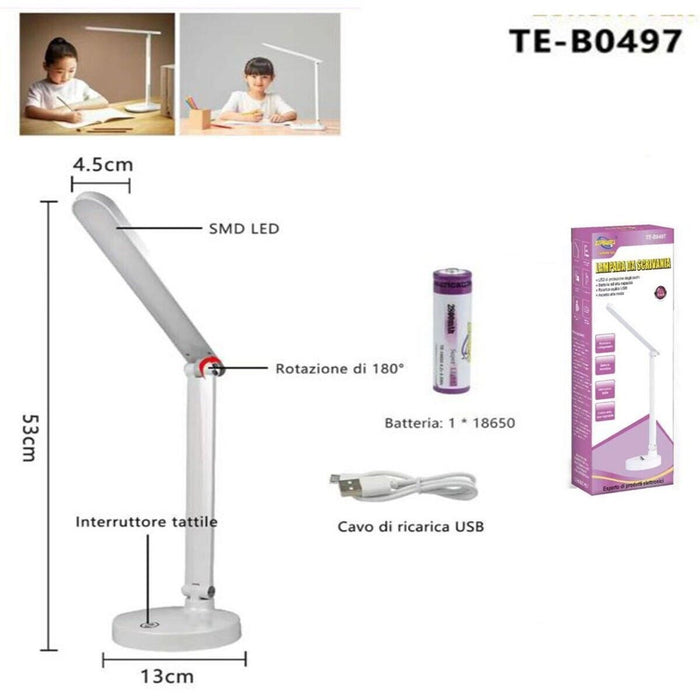 LAMPADA TOUCH RICARICABILE PIEGHEVOLE 180° LUCE LED SCRIVANIA E TAVOLO TE-B0497