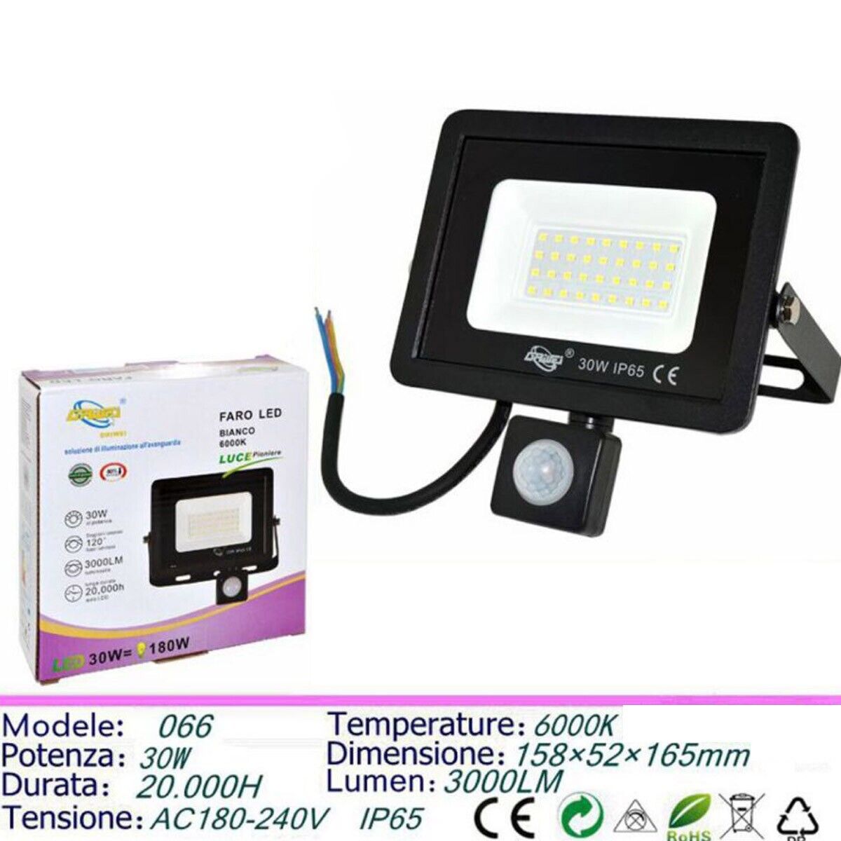 FARO LED FARETTO GIARDINO 30W LUCE FREDDA SENSORE MOVIMENTO CREPUSCOLARE