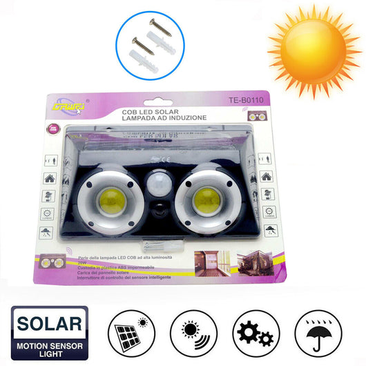 FARO LUCE FARETTO ESTERNO 20W ENERGIA SOLARE 32 LED COB SENSORE MOVIMENTO TE0110