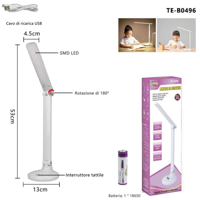 LAMPADA TOUCH RICARICABILE PIEGHEVOLE 180° LUCE LED SCRIVANIA E TAVOLO TE-B0496