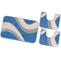 Tappeto Bagno Parure Set 3 Pezzi Made in Italy Antiscivolo Shaggy 3D Moderno Assorbente Azzurro