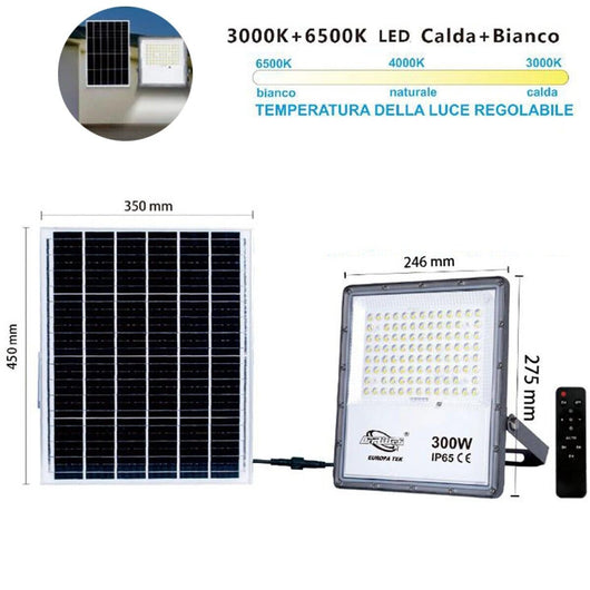 FARO LED FARETTO PANNELLO SOLARE CREPUSCOLARE TELECOMANDO DA 3000K A 6500K 300w