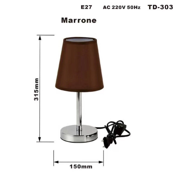 LAMPADA DA TAVOLO LUME COMODINO ABATJOUR ACCIAIO CROMATO TESSUTO MARRONE TD-303