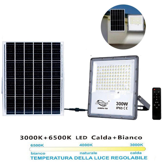 FARO LED FARETTO PANNELLO SOLARE CREPUSCOLARE TELECOMANDO DA 3000K A 6500K 300w