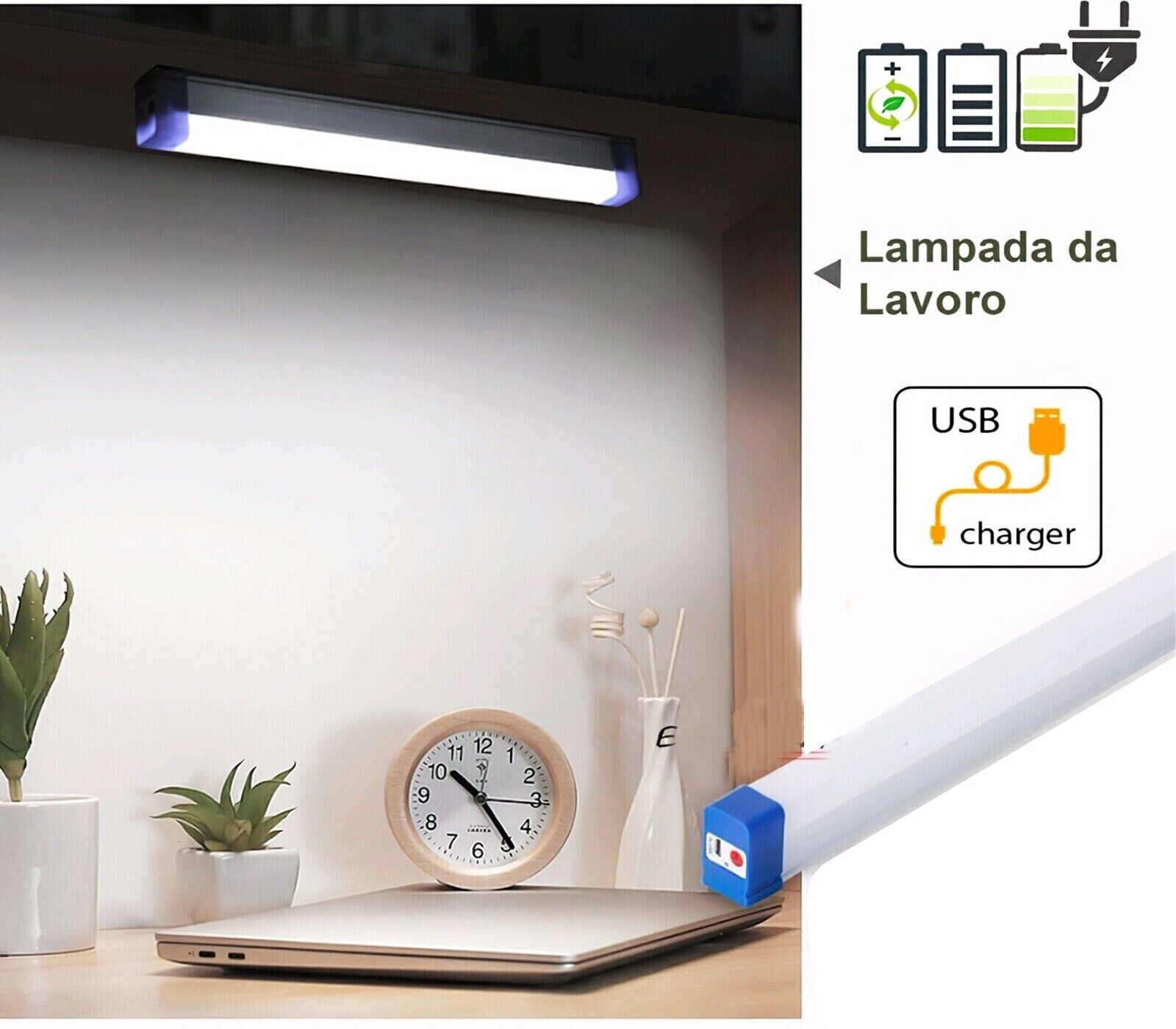 LAMPADA EMERGENZA LED 32CM MAGNETE RICARICABILE USB TORCIA LAVORO PORTATILE