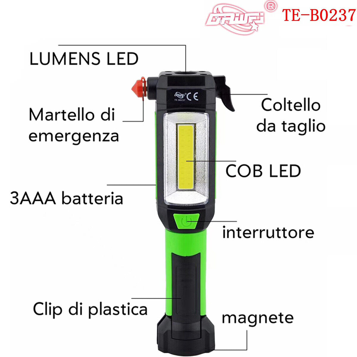 TORCIA LAMPADA DA LAVORO LED COB MARTELLO OFFICINA MAGNETICO TAGLIERINA CAMPING