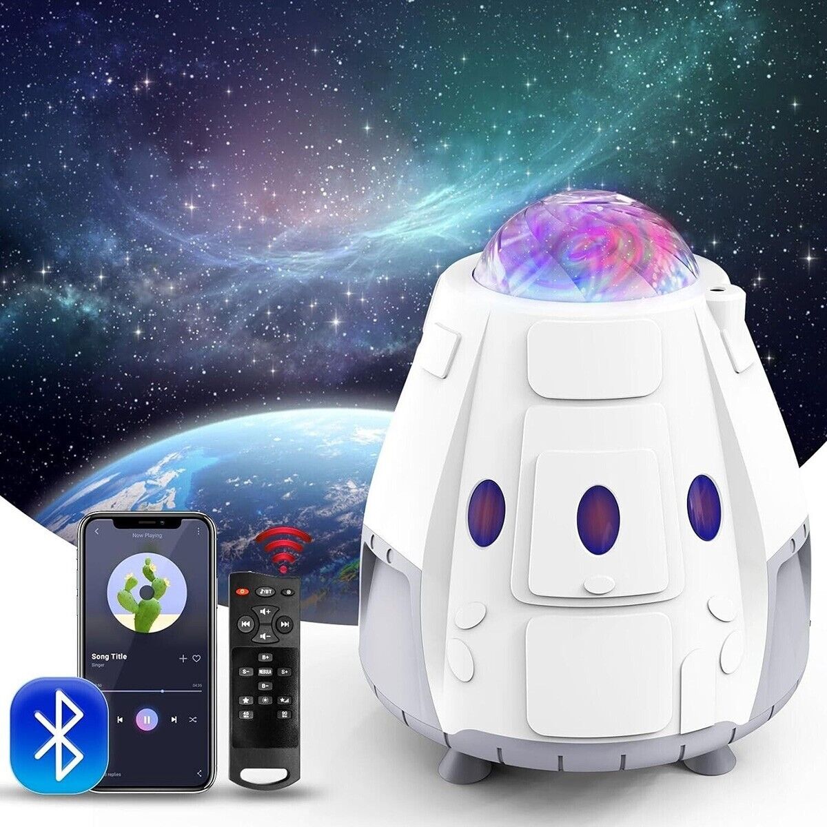 CASSA BLUETOOTH PROIETTORE LAMPADA LUCE NOTTURNA GALASSIA CAPSULA ASTRONAVE