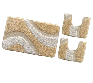 Tappeto Bagno Parure Set 3 Pezzi Made in Italy Antiscivolo Shaggy 3D Moderno Assorbente Beige