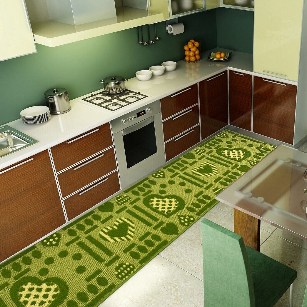 Tappeto Cucina Antiscivolo Cuori 3D Lavabile Moderno Assorbente Verde 57x130 cm