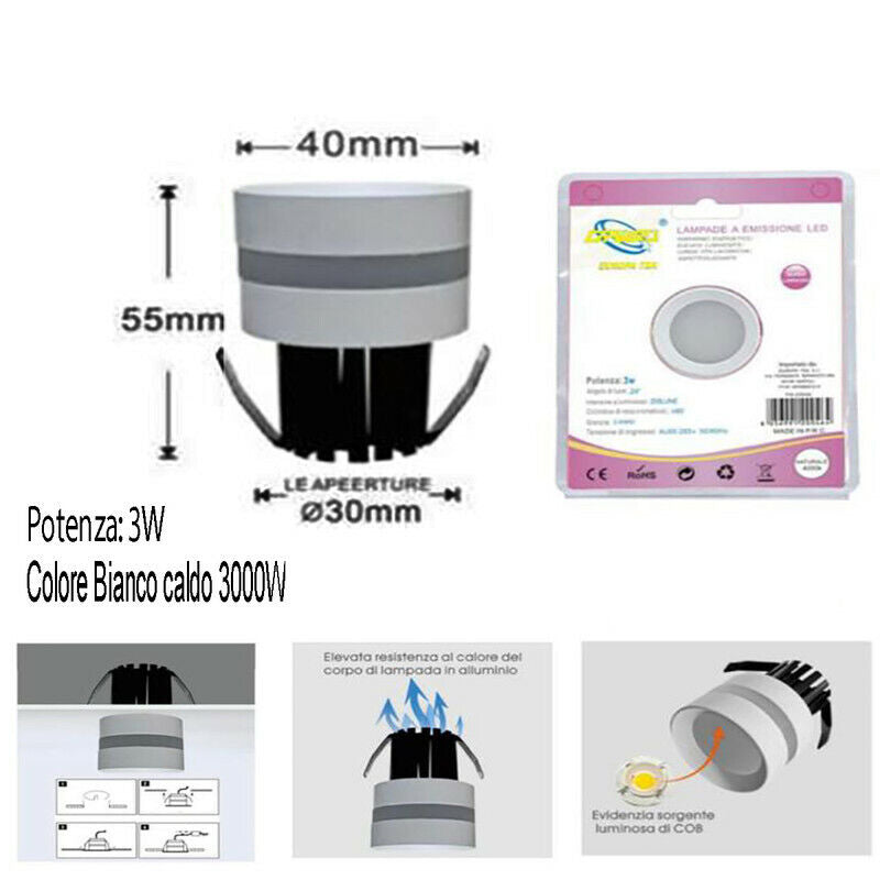 MINI FARETTO LED 3W SOFFITTO TONDO INCASSO MOLLA 4CM LED BIANCO CALDO 3000K