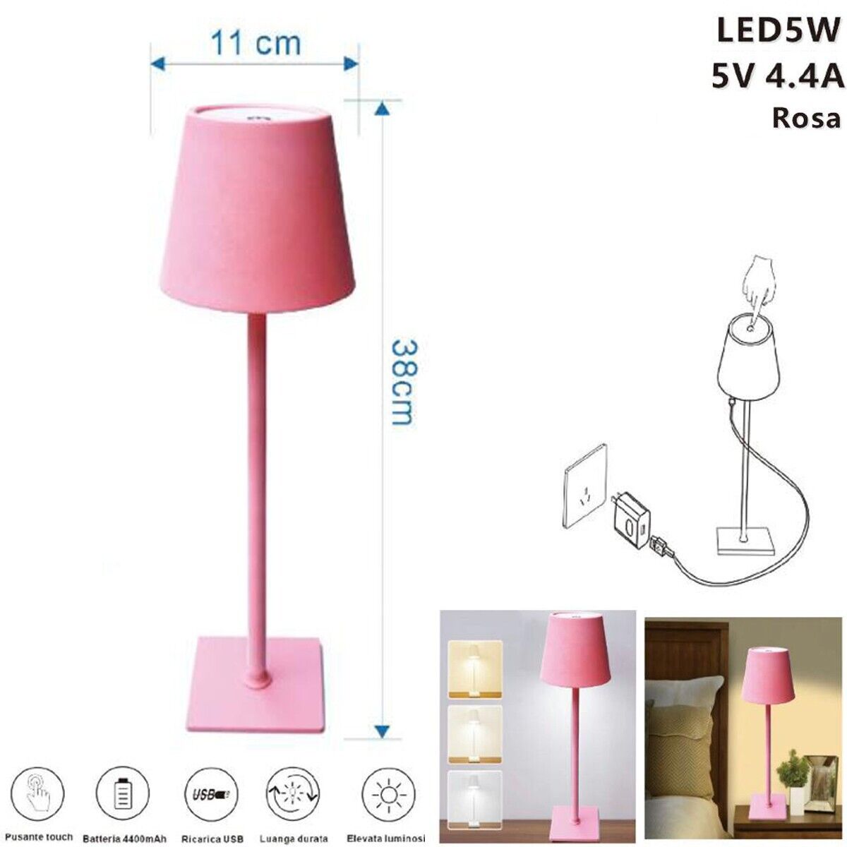 LAMPADA TAVOLO TOUCH LED MODERNA RICARICABILE BAR HOTEL RISTORANTE ROSA TD-305