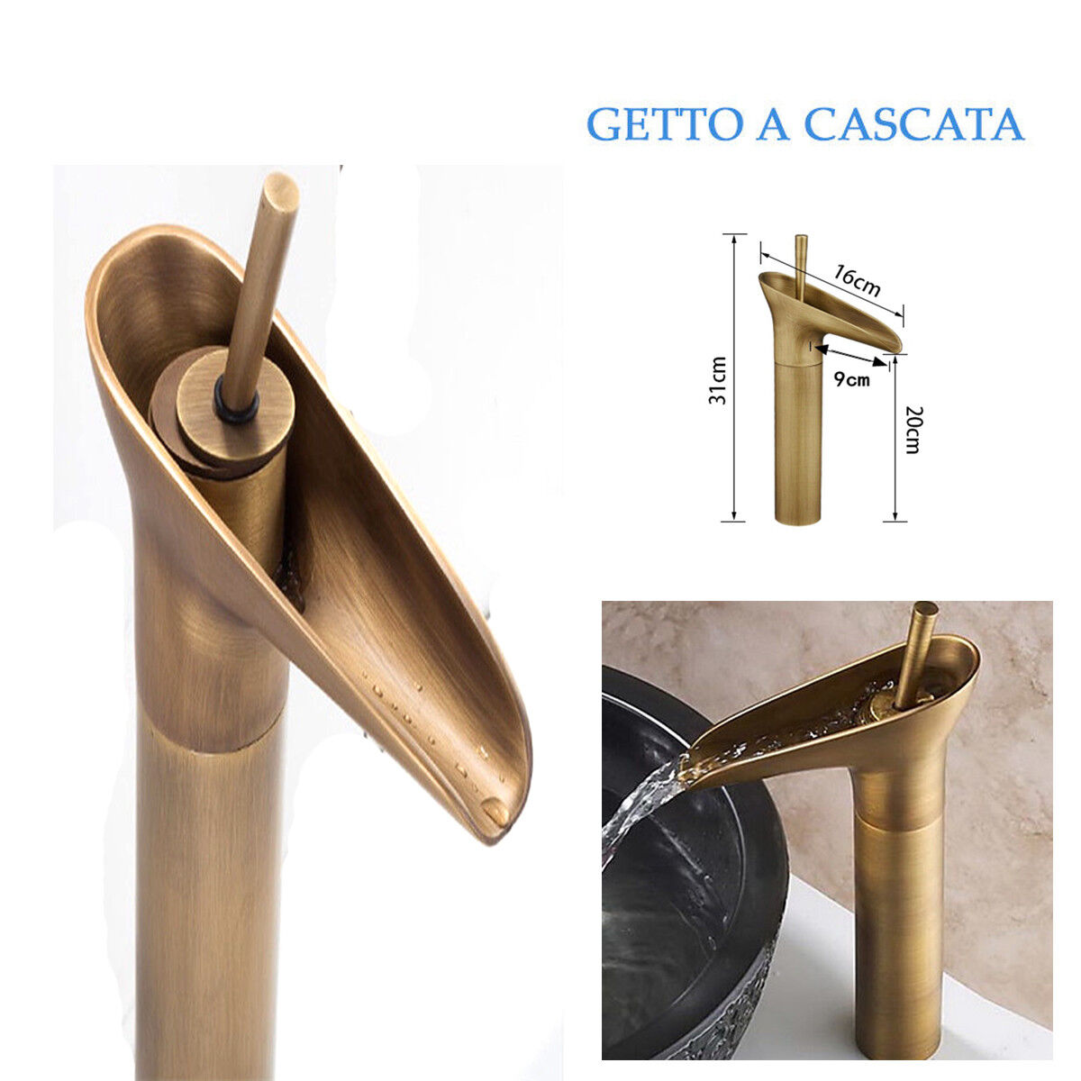 RUBINETTO MISCELATORE VINTAGE BAGNO CANNA ALTA BECCO CASCATA OTTONE T2020