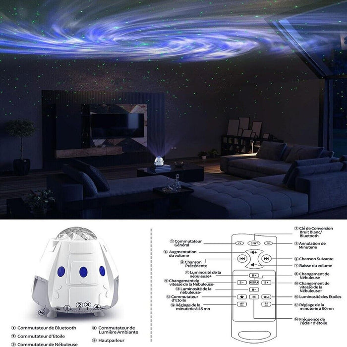 CASSA BLUETOOTH PROIETTORE LAMPADA LUCE NOTTURNA GALASSIA CAPSULA ASTRONAVE