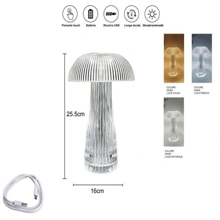 LAMPADA DA TAVOLO LED RICARICABILE USB DECORATIVA EFFETTO CRISTALLO FUNGO