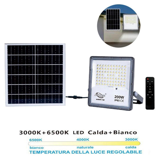 FARO LED FARETTO PANNELLO SOLARE CREPUSCOLARE TELECOMANDO DA 3000K A 6500K 200w