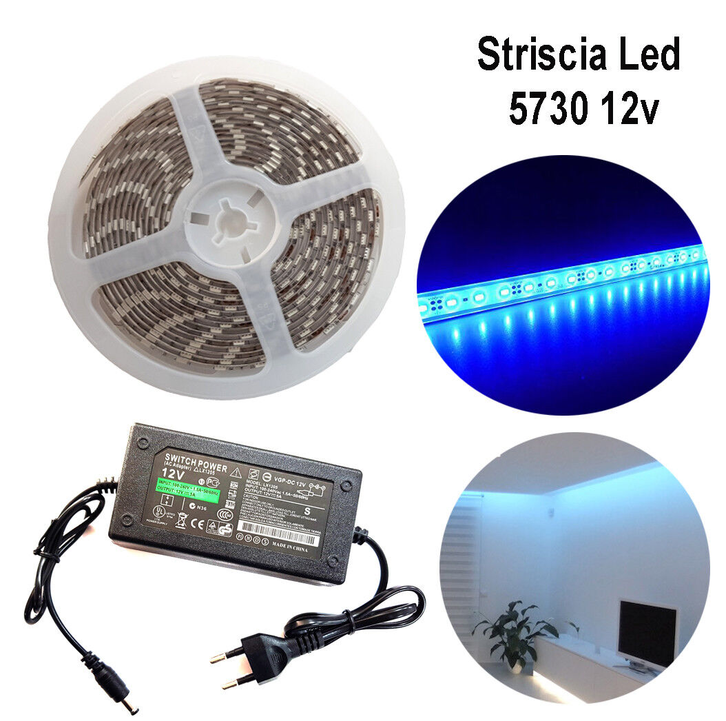 STRISCIA STRIP LED 5730 5M ADESIVA LUCE IP65 ALIMENTATORE 12V 5A BLU 12W/M