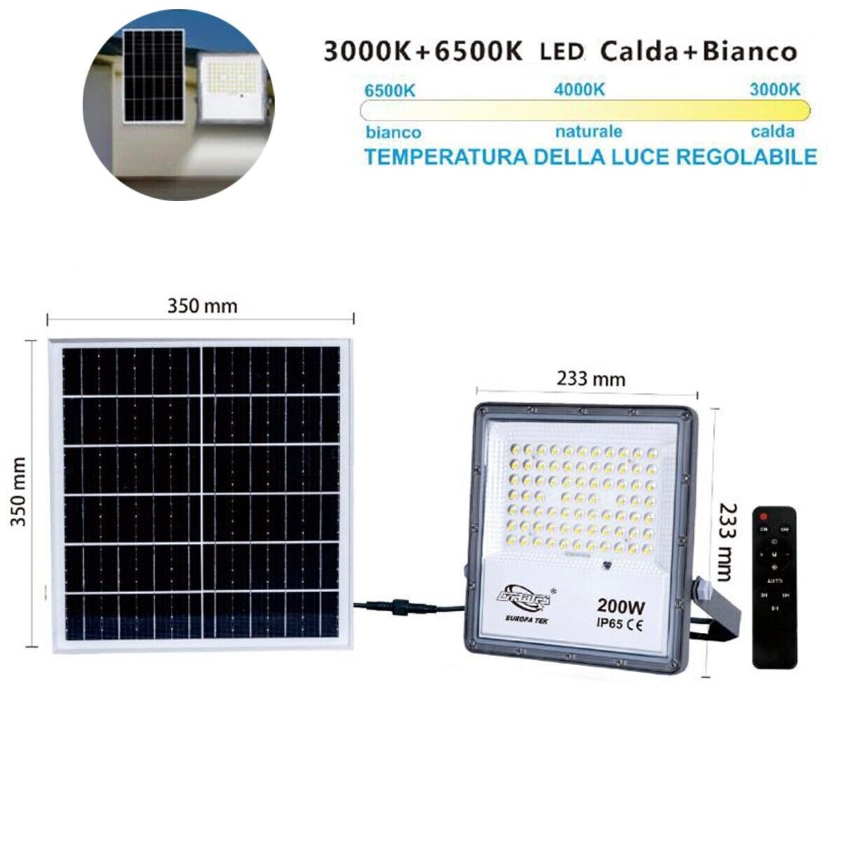 FARO LED FARETTO PANNELLO SOLARE CREPUSCOLARE TELECOMANDO DA 3000K A 6500K 200w