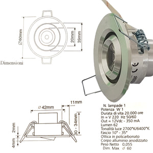 FARETTO LUCE CALDA A LED MINI 1 W SPOT ORIENTABILE ALETTE SEGNAPASSO CON DRIVER