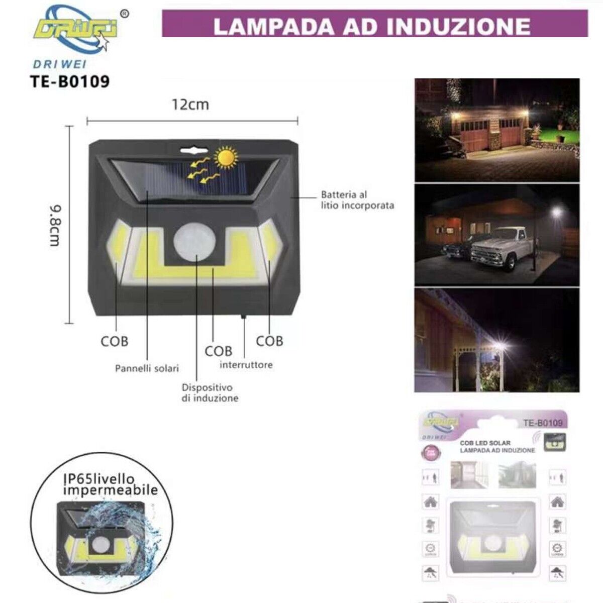 MINI FARETTO ESTERNO LUCE LED COB PANNELLO SOLARE SENSORE DI MOVIMENTO TE-B0109