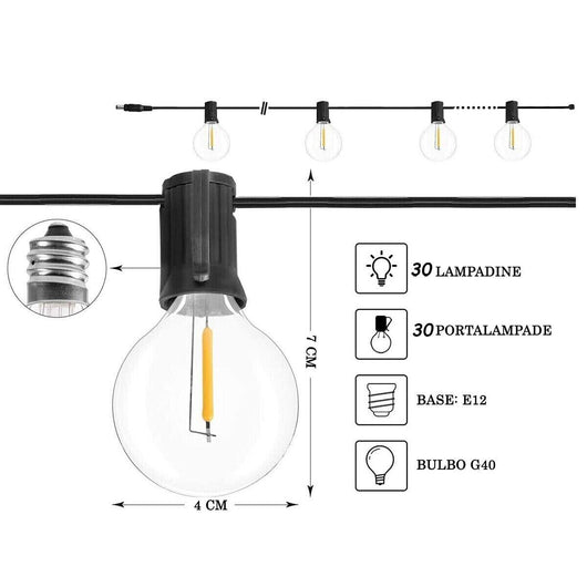 CATENA LUMINOSA SOLARE ESTERNO 30 PORTALAMPADE 10M LUCE FREDDA LUCI GIARDINO