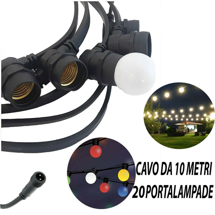 CATENARIA LUCI 10MT E 20 PORTALAMPADE E27 NERA ALLUNGABILE IP54 INTERNO ESTERNO