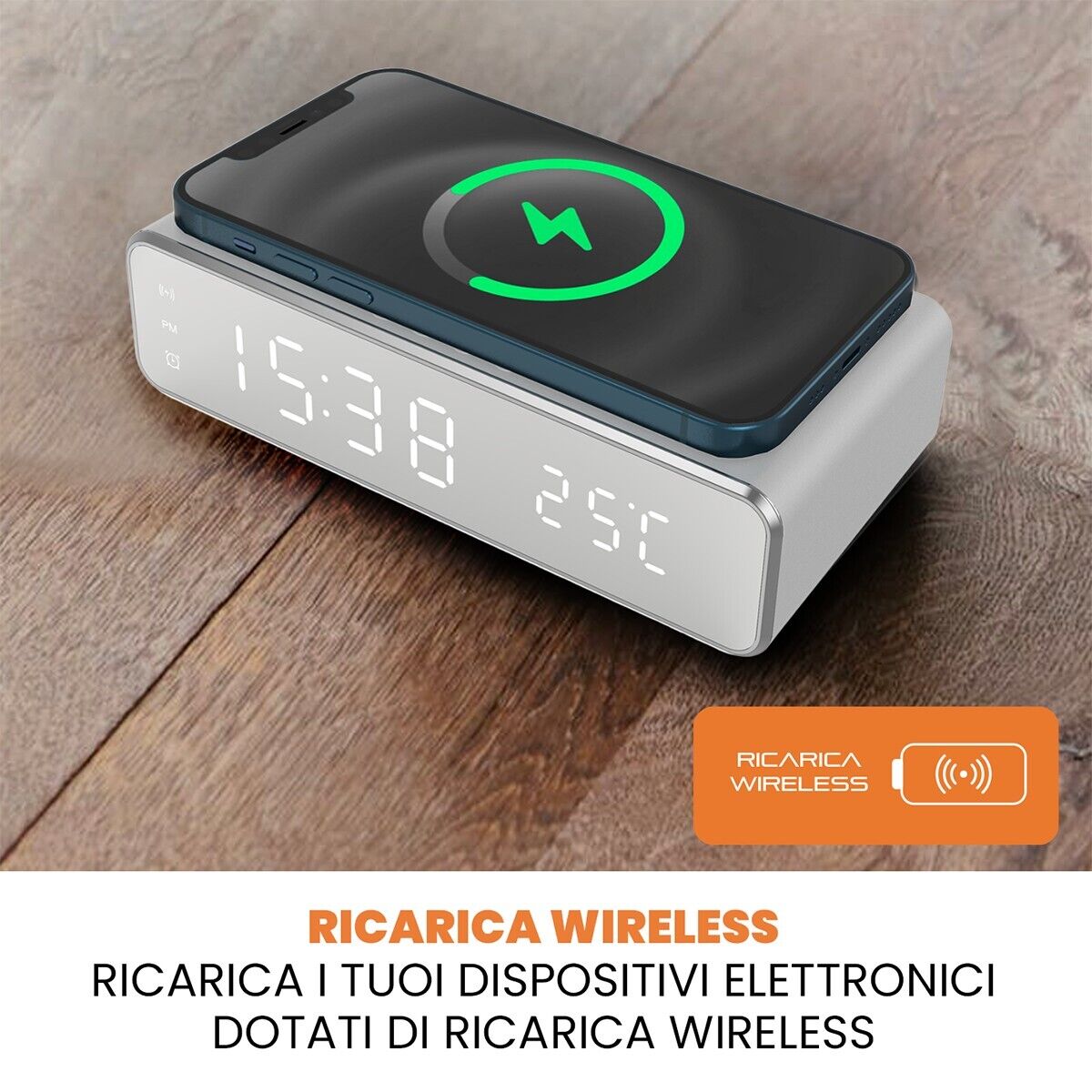 SVEGLIA DIGITALE SMART RICARICA OROLOGIO TAVOLO WIRELESS TEMPERATURA 15W TM-W258