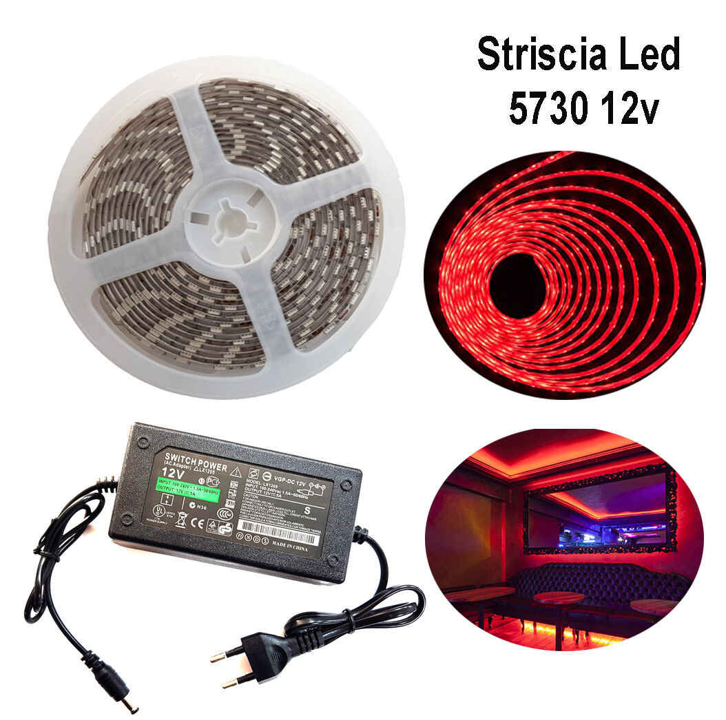 STRISCIA STRIP LED 5730 5M ADESIVA LUCE IP65 ALIMENTATORE 12V 5A ROSSO 12W/M