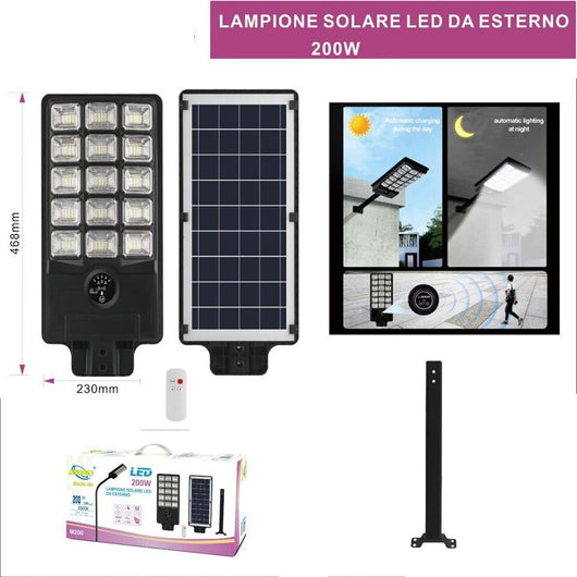 Faro Lampione Stradale Pannello Solare 200W Con Staffa Telecomando 12467