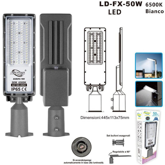 Lampione Stradale Faro A Led 6500K Luce Fredda Esterno Regolabile 90° Ld-Fx 50W