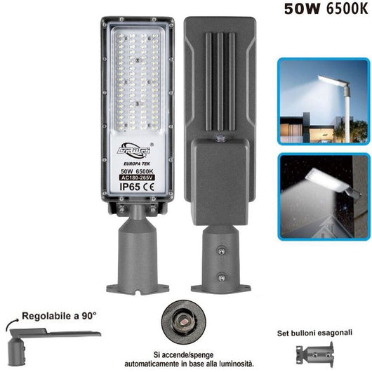 Lampione Stradale Faro A Led 6500K Luce Fredda Esterno Regolabile 90° Ld-Fx 50W