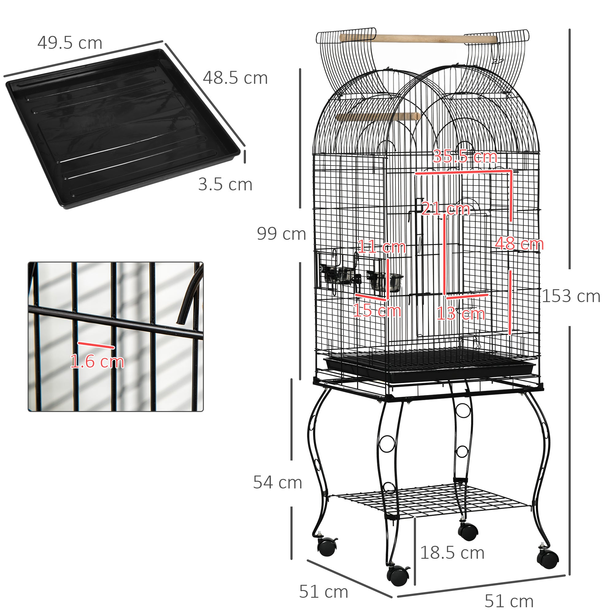 Voliera Gabbia per Uccelli e Canarini 51x51x153 cm con Ruote in Metallo Nero