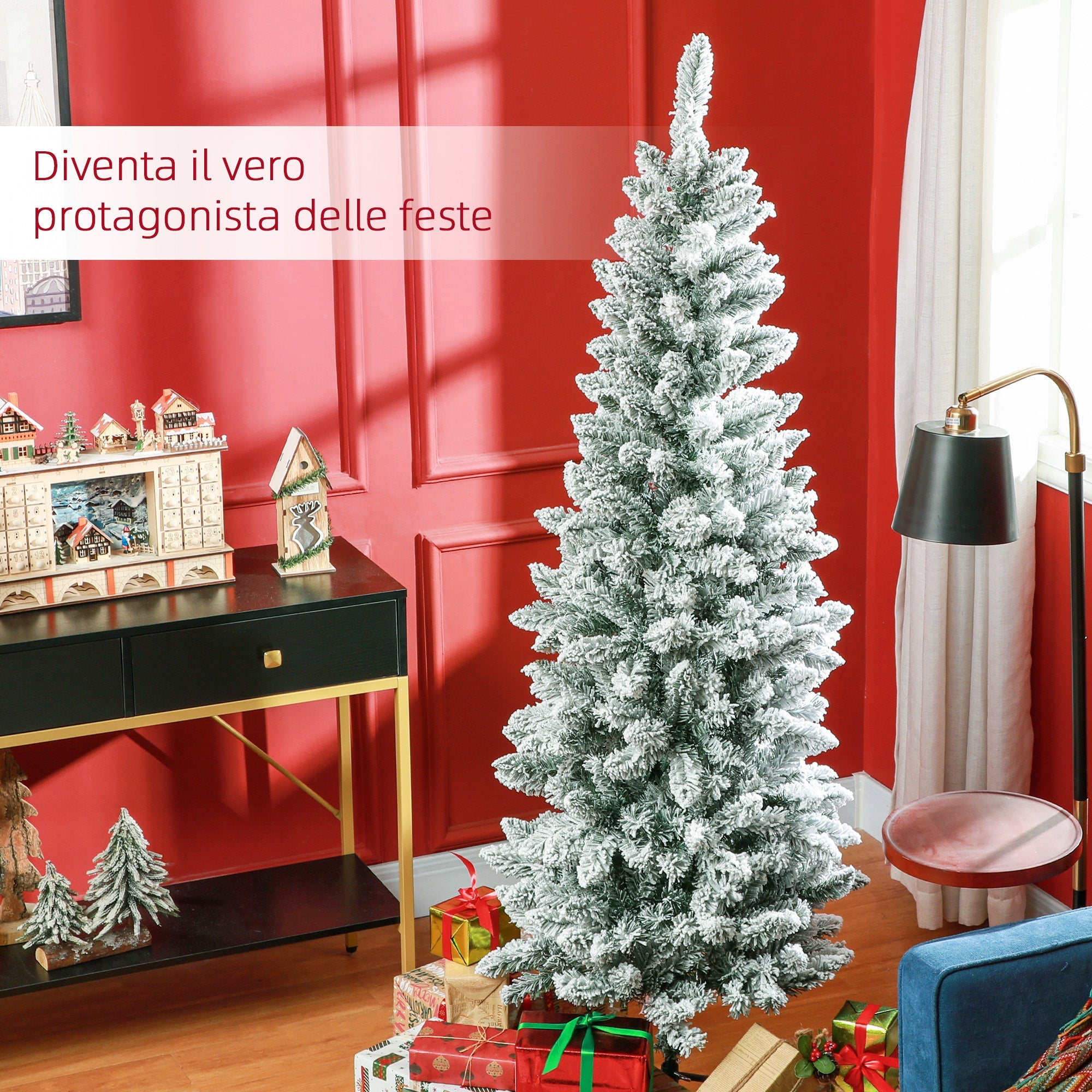 Albero di Natale Artificiale Innevato 180 cm 479 Rami Design Alto e Stretto Verde