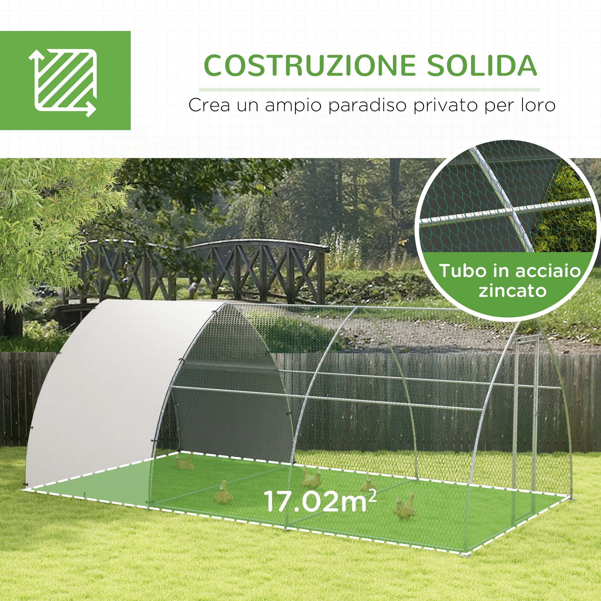 Recinto per Galline per 14-18 Animali con Porta Bloccabile 3x5,6x2,2 m in Acciaio Argento