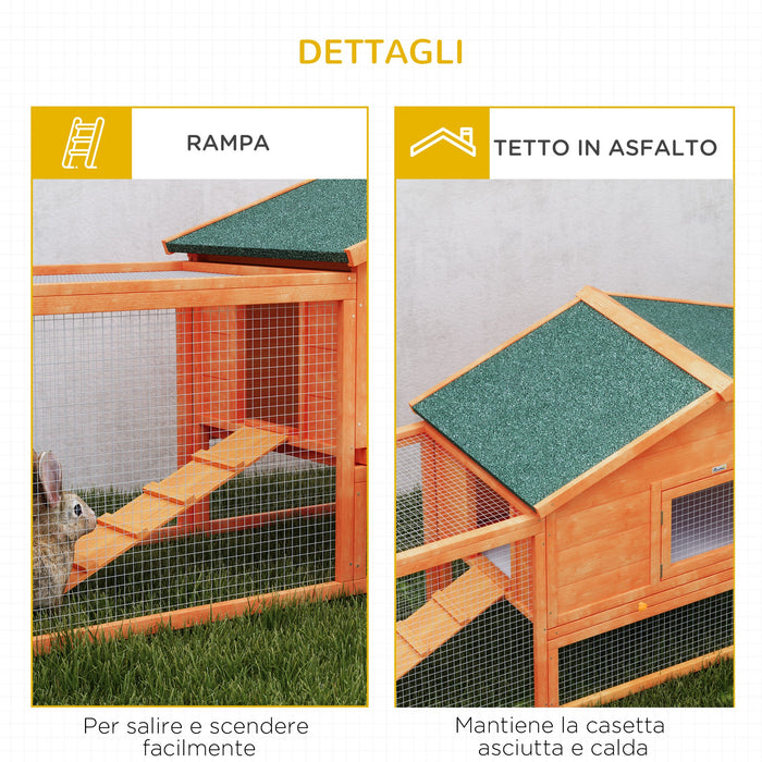 Conigliera da Esterno Casetta Rampe e 2 Recinti 309x69,5x87 cm in Legno Arancione