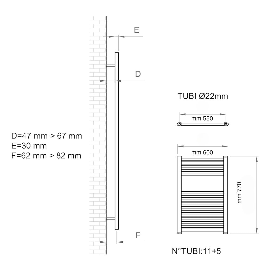 Termoarredo scaldasalviette tubolare tondo acciaio colore bianco opaco *** finitura- bianco opaco, misure h770xl600xi...