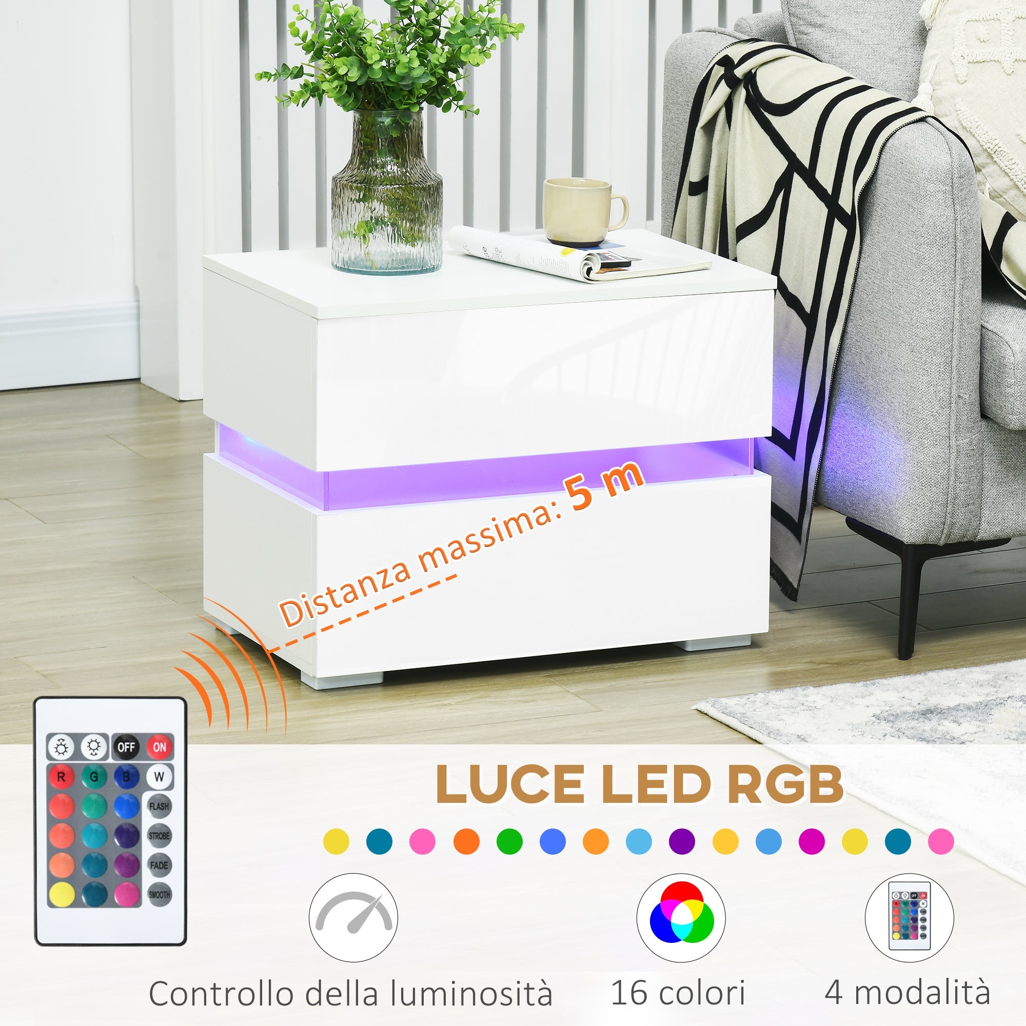 Comodino 2 Cassetti 60x39x47 cm con LED in Truciolato Bianco