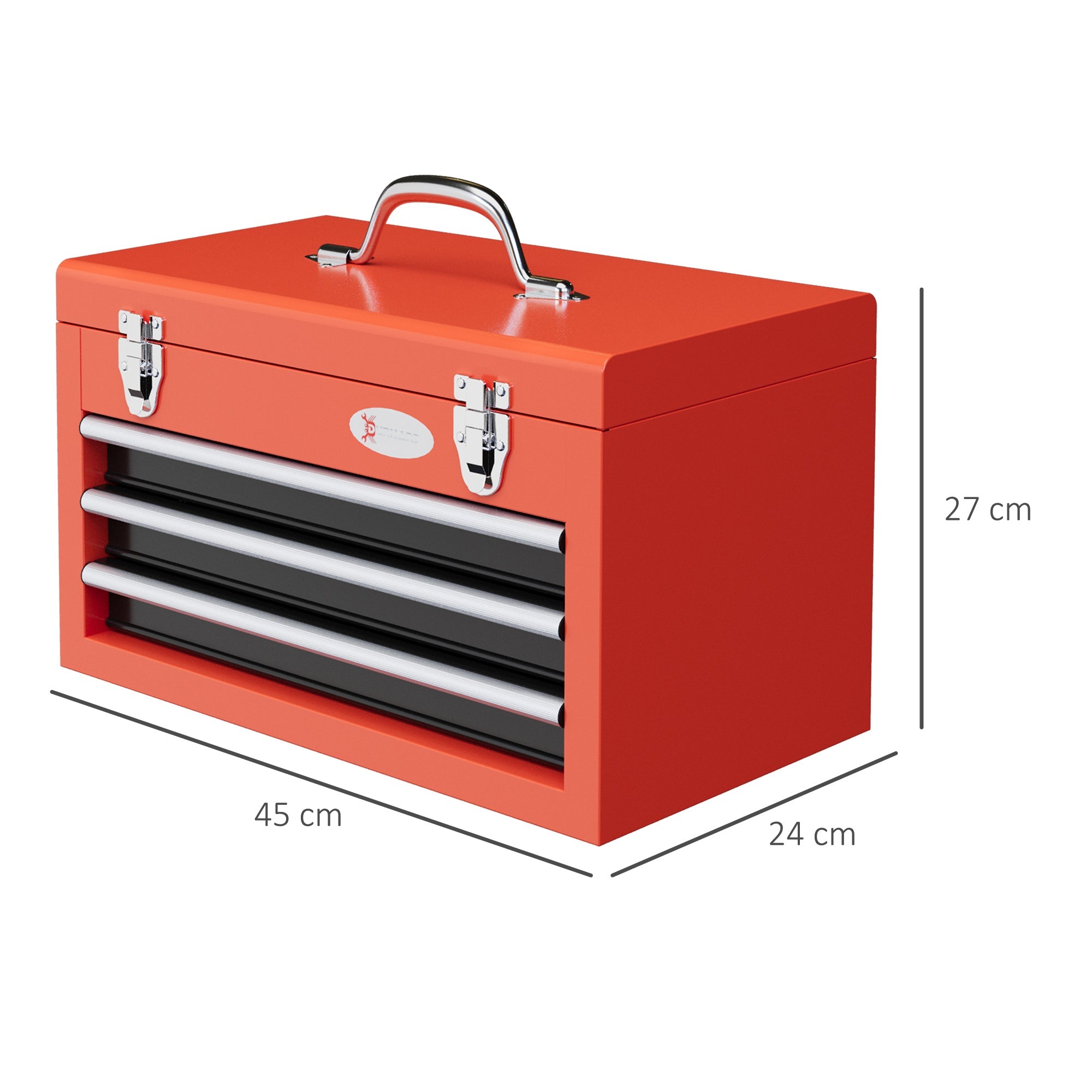 Cassetta Porta Attrezzi con 3 Cassetti e Vano Superiore con Maniglia 45x24x27 cm in Acciaio Rosso