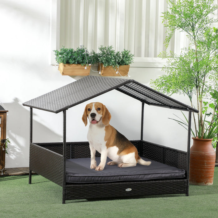 Casetta per Cani Rialzata con Cuscino Sfoderabile 117x85x89 cm in Rattan PE e Acciaio Grigio e Marrone