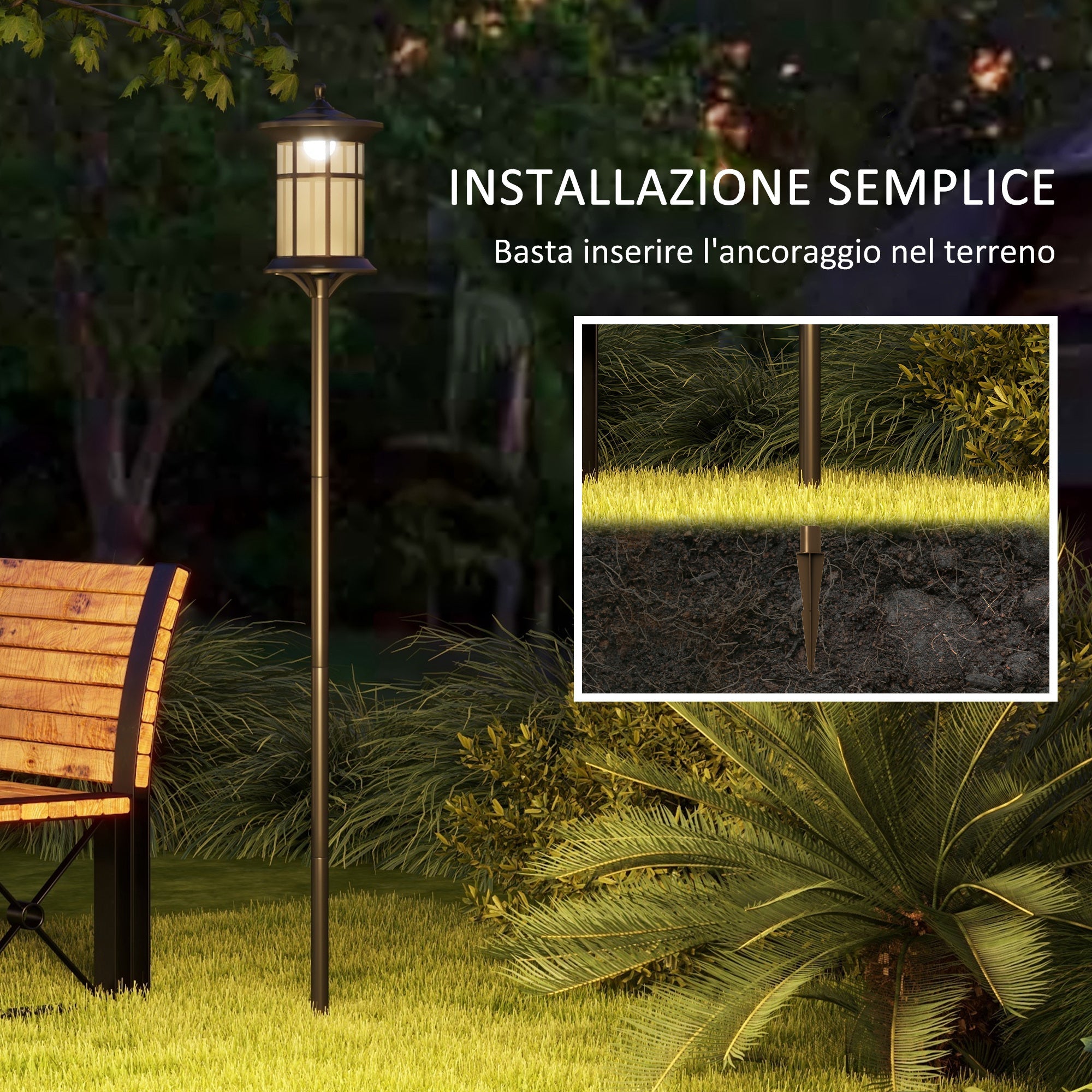 Lampione Solare da Giardino con Luce LED Bianco Freddo e IP44 H184 cm in Acciaio Inox e ABS Nero