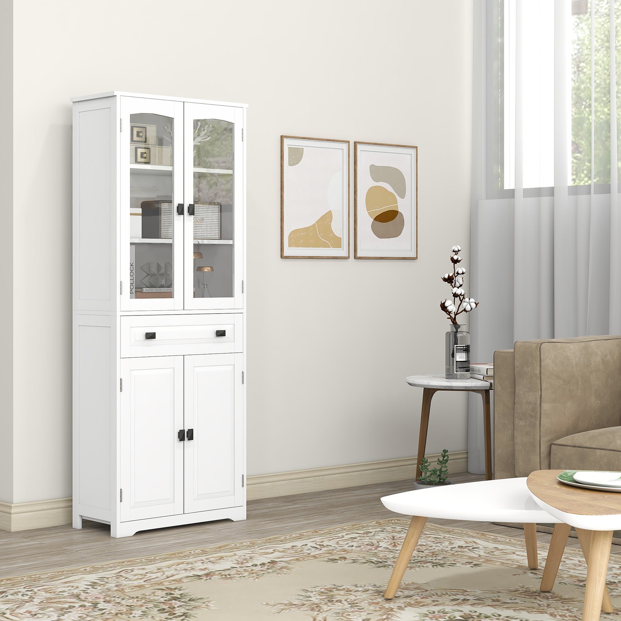 Credenza da Cucina Alta con 2 Armadietti e Cassetto 60x30x160 cm Bianco