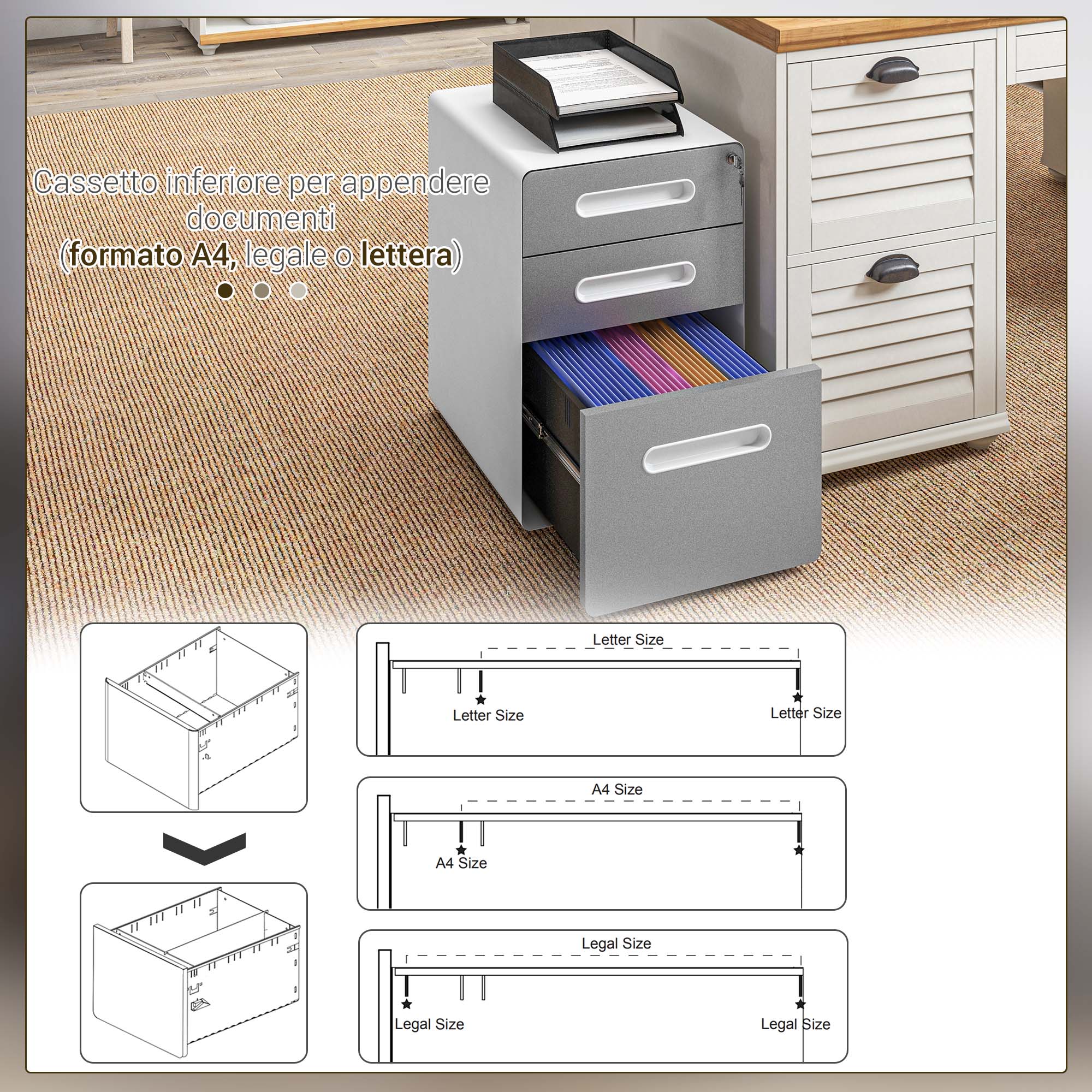 Cassettiera da Ufficio 3 Cassetti con Serratura Portadocumenti Formato A4 in Acciaio Grigio Chiaro