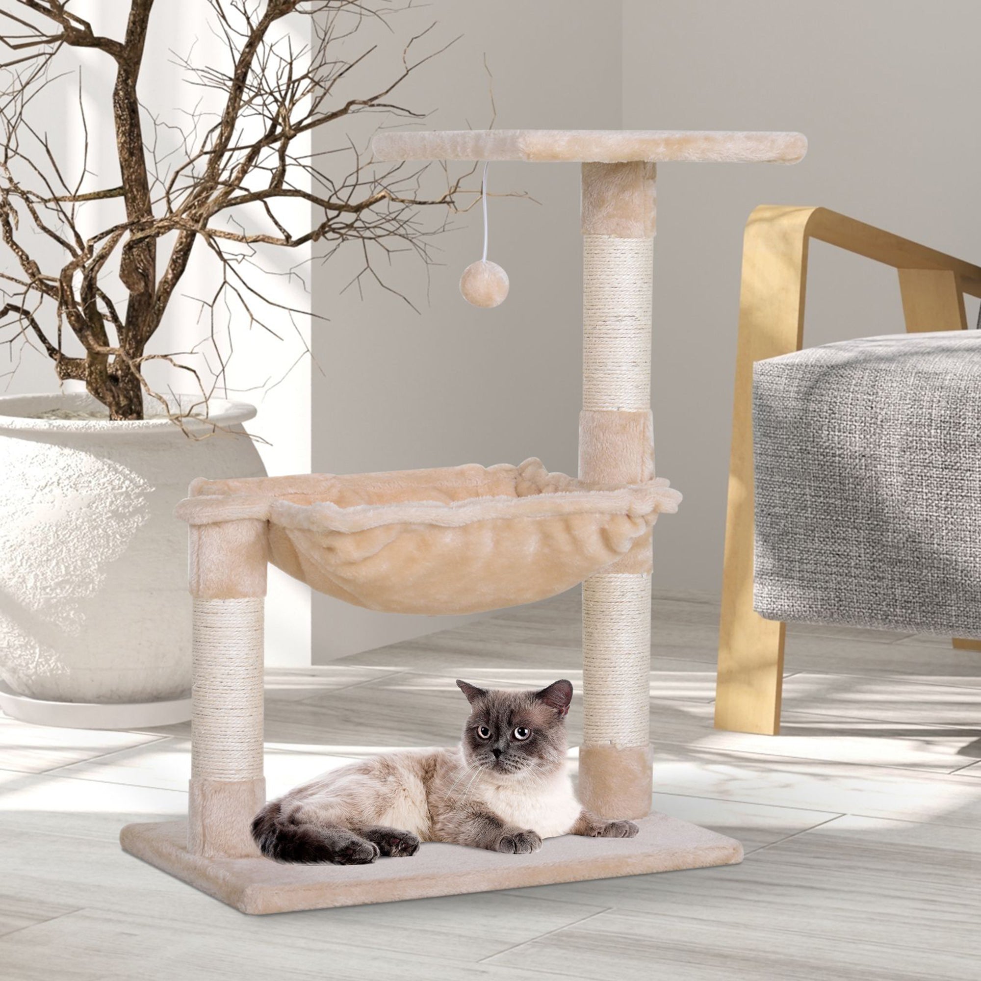 Torre Tiragraffi per Gatti 50x36x70 cm in Legno e Peluche Beige