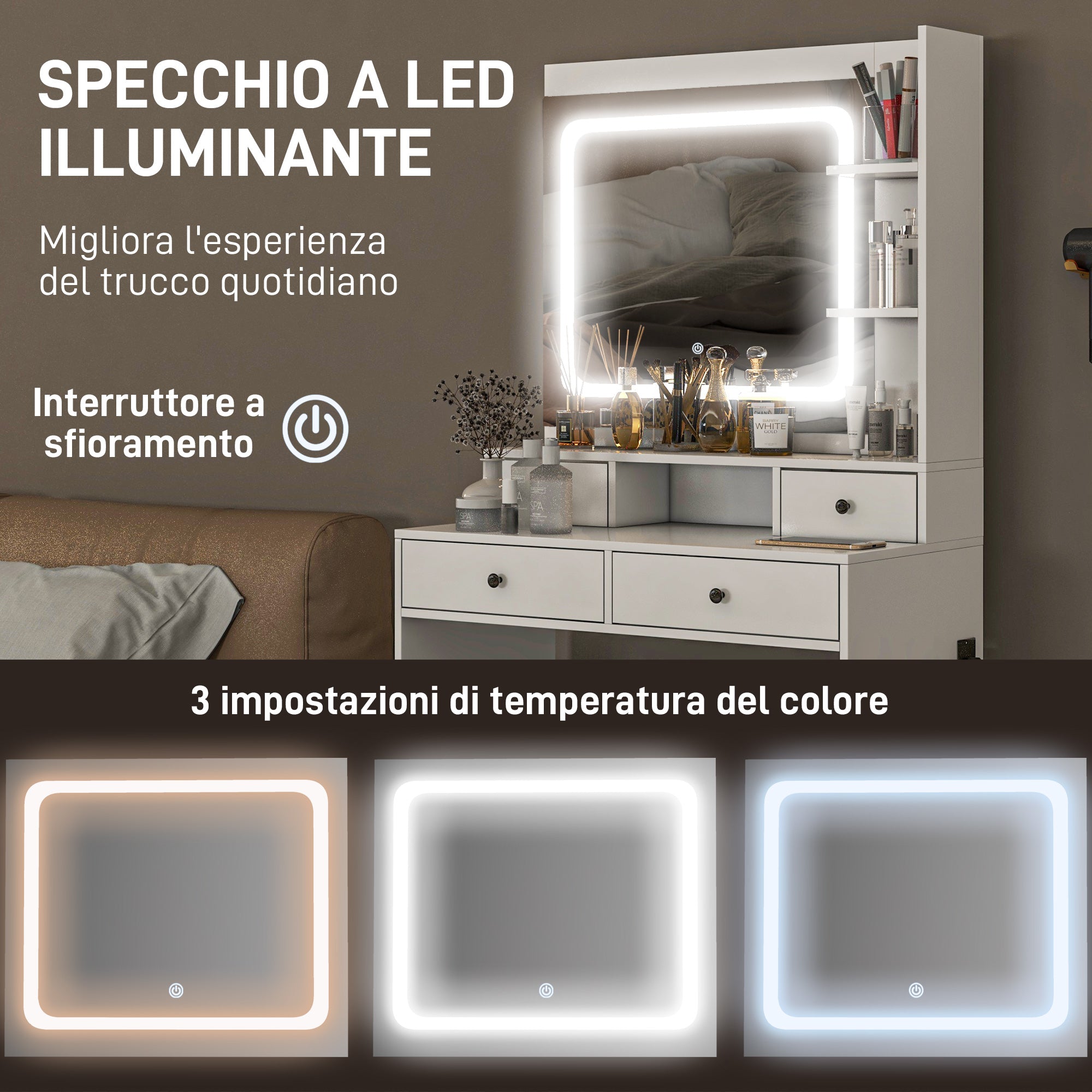 Consolle Trucco con Luci LED 3 Tonalità Specchio e Prese USB 90x45x160 cm Bianco