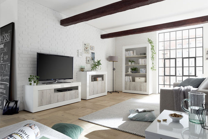 Soggiorno moderno completo con Porta TV, Madia e Libreria, finitura Bianco Lucido e Pino bianco ZLCURBCOMP1