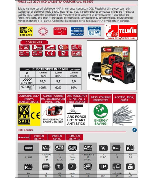 Saldatrice Inverter Force 125 + Accessori - Telwin - Cod.815855         