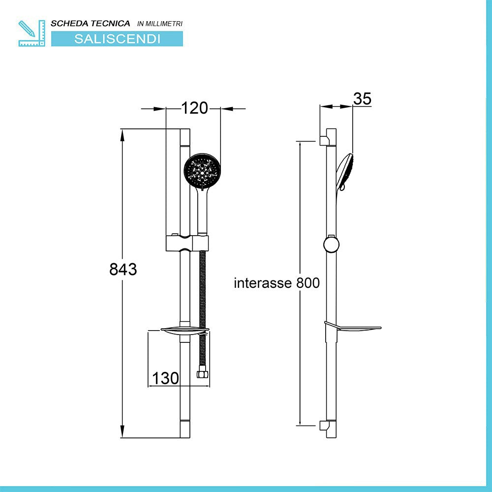Saliscendi doccia cromato con doccino 8 funzioni anticalcare