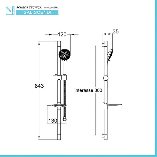 Saliscendi doccia cromato con doccino 8 funzioni anticalcare