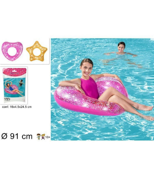 Salvagente 91 Cm Glitter Ciambella Gonfiabile Da Mare Piscina Stella Cuore 36141         