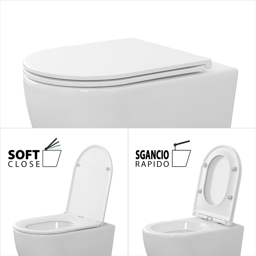 Sanitari filomuro con scarico traslato e copriwater soft-close Flan